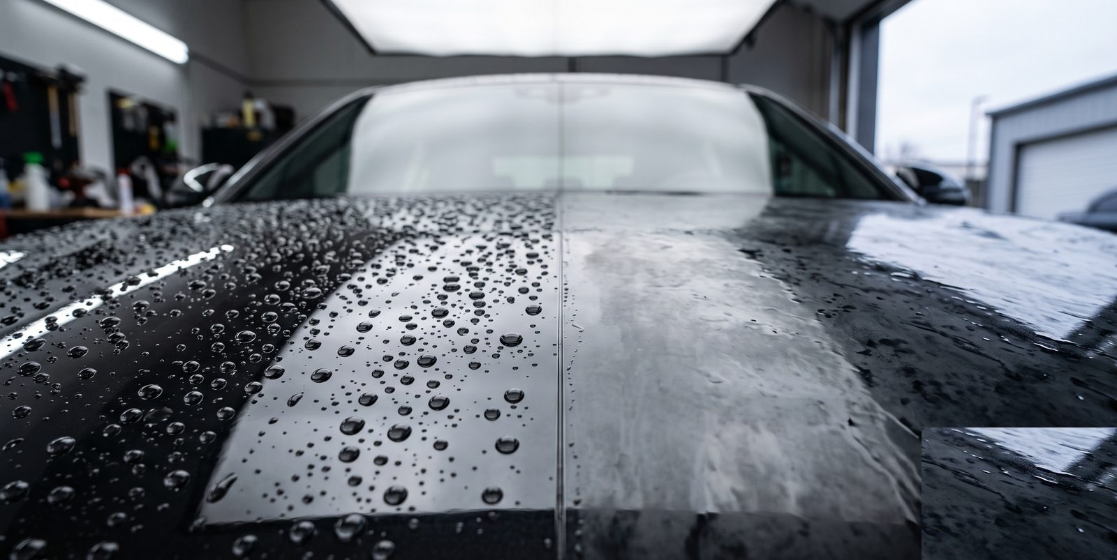 A car hood split down the middle — the ceramic-coated left half beads water into tight droplets while the uncoated right half sheets flat